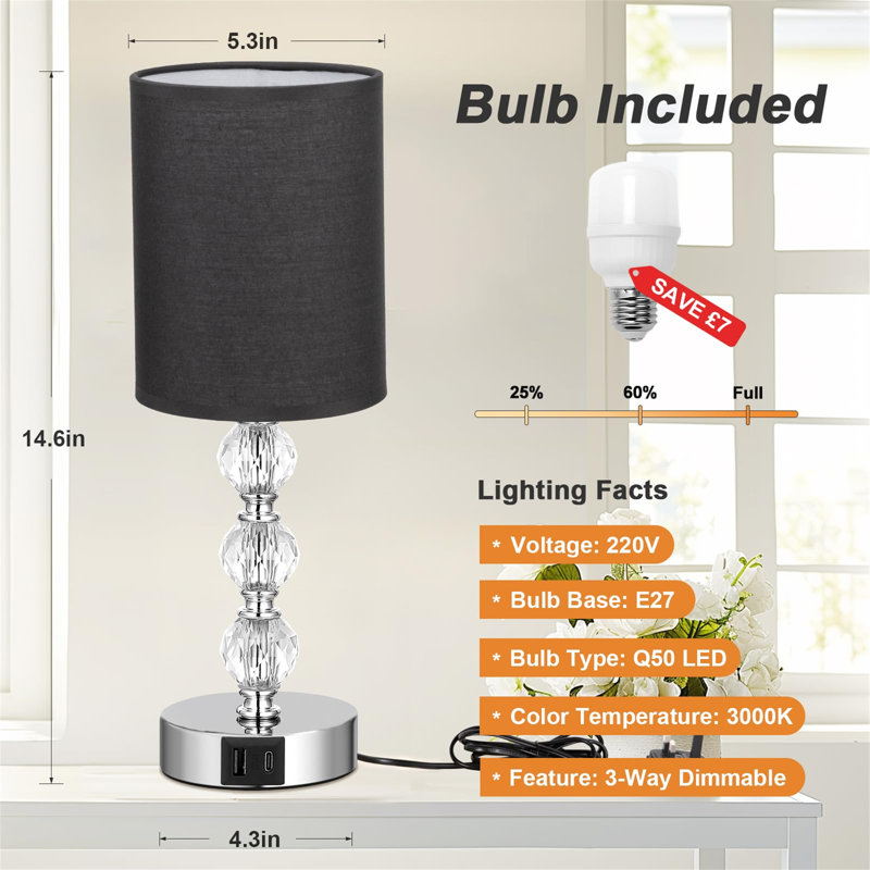 Touch Table Lamp, Crystal Bedside Lamp With 3-Way Dimmable, Small Bedside Lamp With USB C+A Charging Ports, Bedroom Lamp With Fabric Lampshade For Living Room