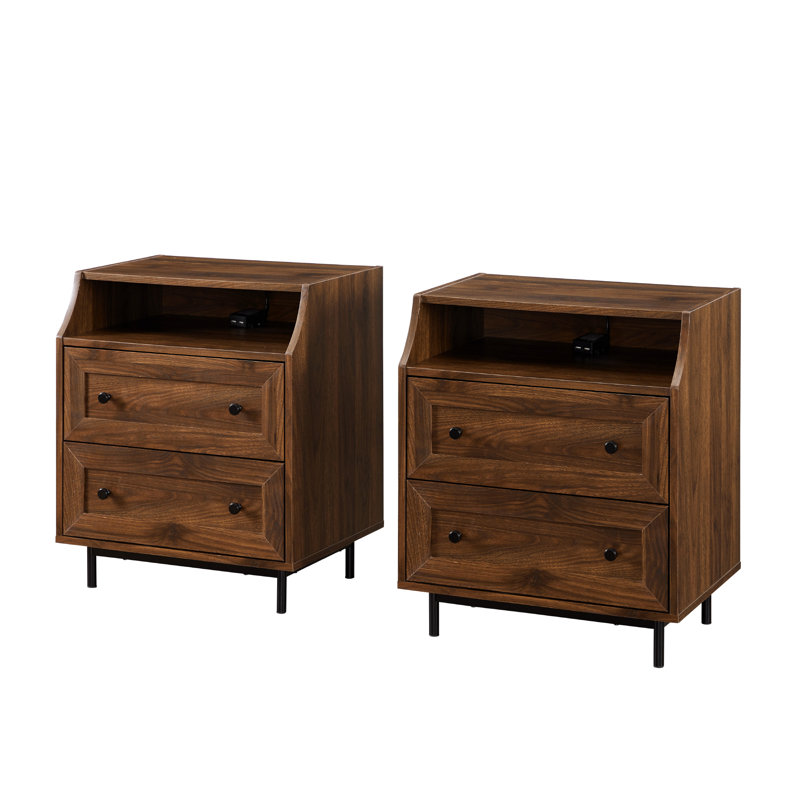 Minot 2-Drawer Nightstands with Dual USB Port, Dark Walnut
