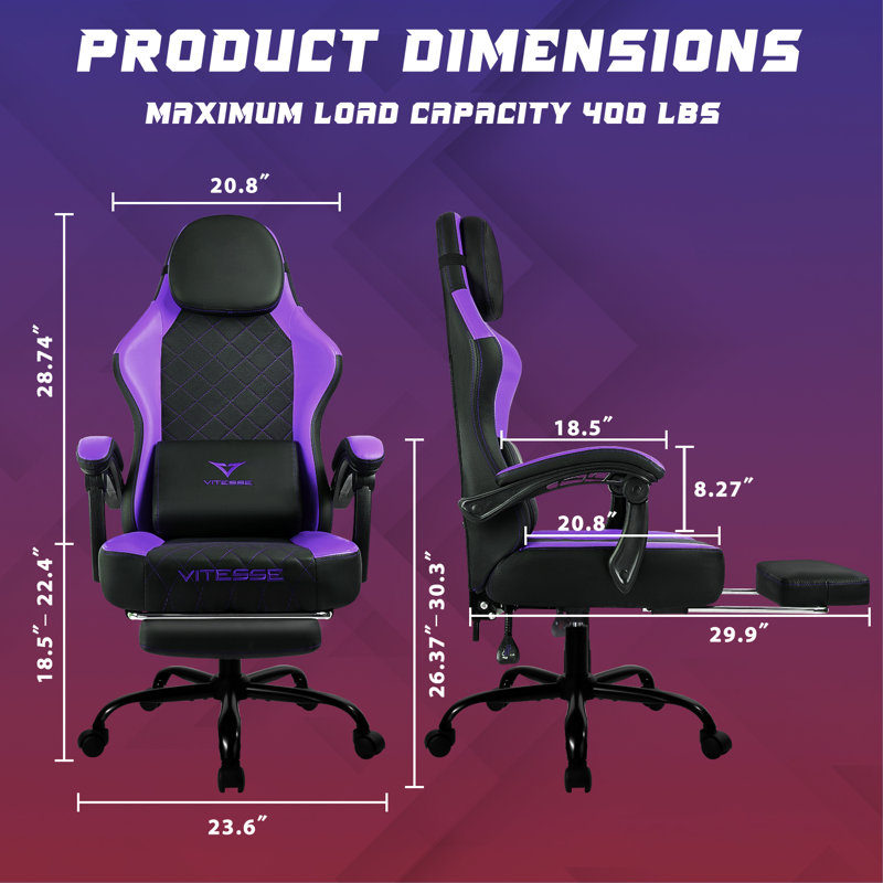 Adjustable Reclining Ergonomic Game Chair, Black/Purple