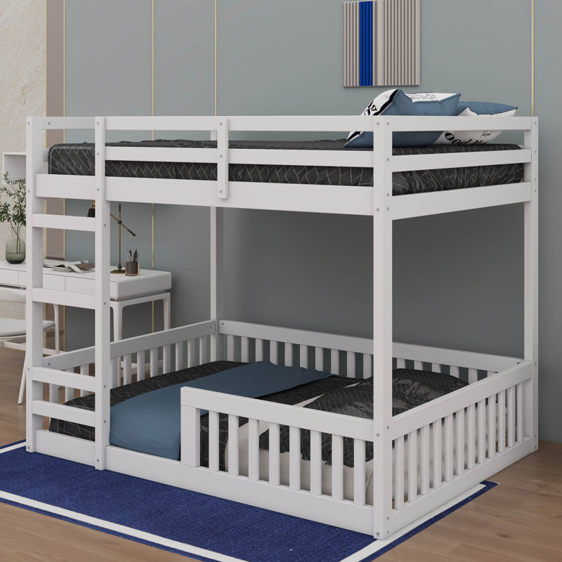 Full Over Full Wooden Bunk Bed With A Ladder And Protective Rails, White