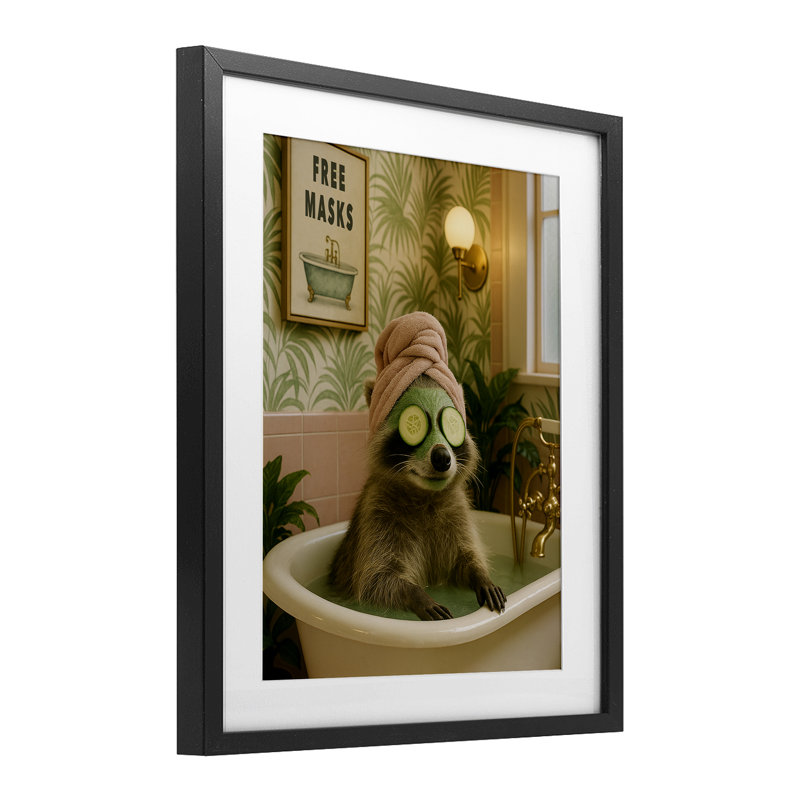 «Raccoon Spa Day Bath», reproduction encadrée sous verre, design par Grotto Studios, Cadre noir minuit, H 16 po x l 13 po