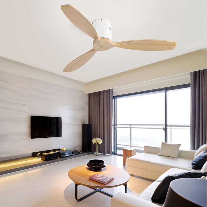 Rachel 52" 3-Solid Blade Propeller Flush Mount Ceiling Fan Without Light, Light Yellow Wood