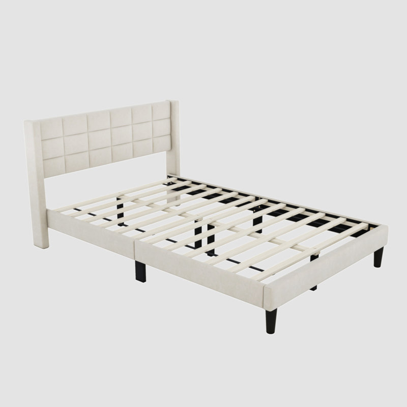 Grand lit plateforme tapissier avec pieds de soutien, Beige