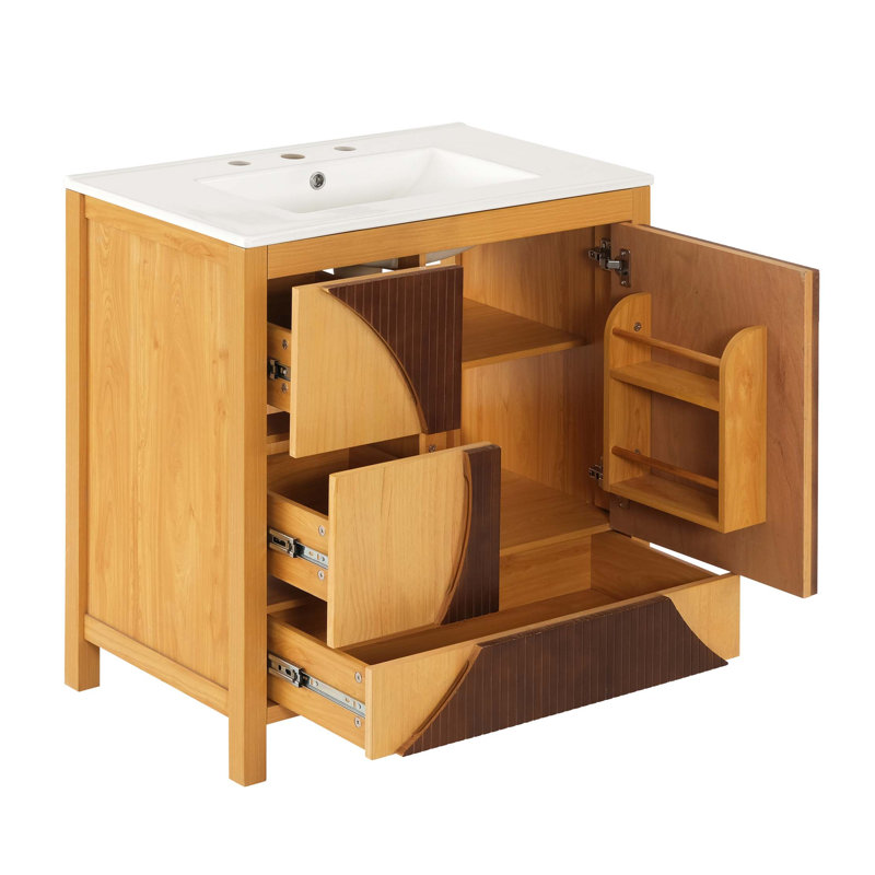Meuble-lavabo autoportant de style Mid-Century moderne avec lavabo en céramique intégré et rangement à fermeture en douceur