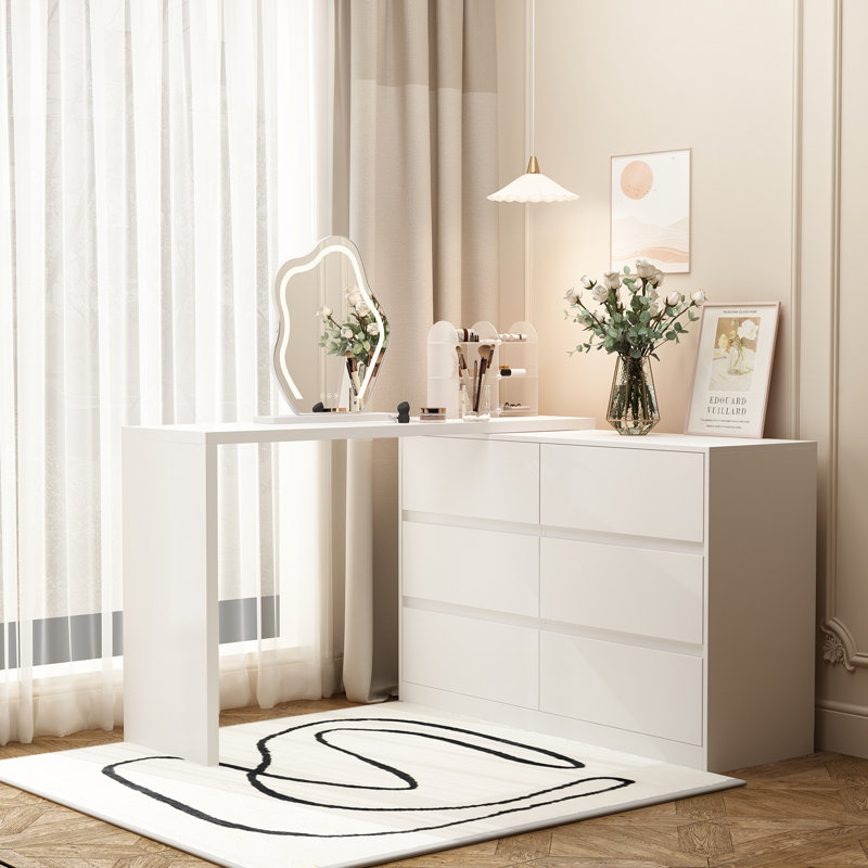 130-180cm Extending Dresser with 6 Drawers & Rotating Vanity Desk - Modern White Storage Cabinet 