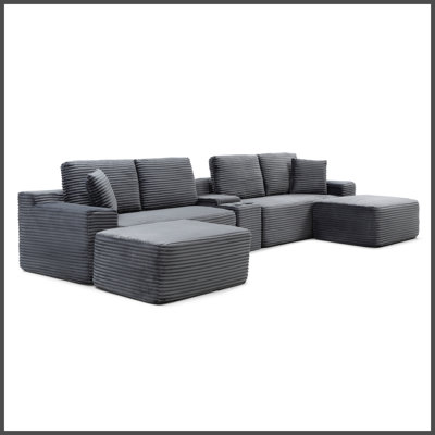 150'' Oversized Sectional Sofa, Cloud Couch with Deep Seat,U-Shape Sofa with Cup Holders and USB Ports ,Upholstered Corduroy Couches for Living Room,G