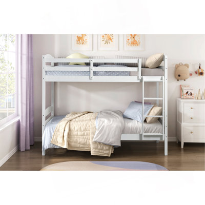 Bunk Bed With Guard Rails 1Pc Sturdy Wood Frame White Finish Youth Bedroom Furniture