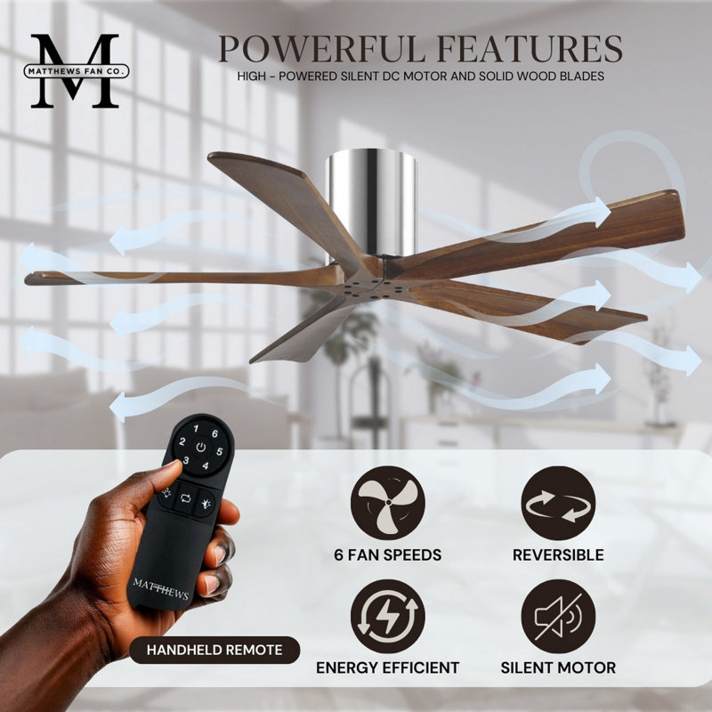 60" Irene 5-Blade Hugger Ceiling Fan with Wall Remote, Polished Chrome, 42", Walnut Tone