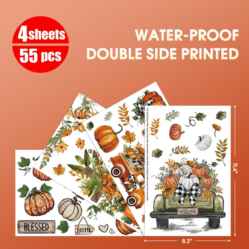 55 pièces d'autocollant d'autocollant de fenêtre d'automne, feuilles d'automne de récolte de citrouille camion de citrouille