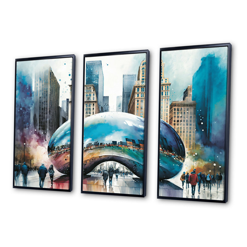 City Architecture I - 3 pièces sur toile, Cadre noir, H 28 po x l 36 po x P 1 po