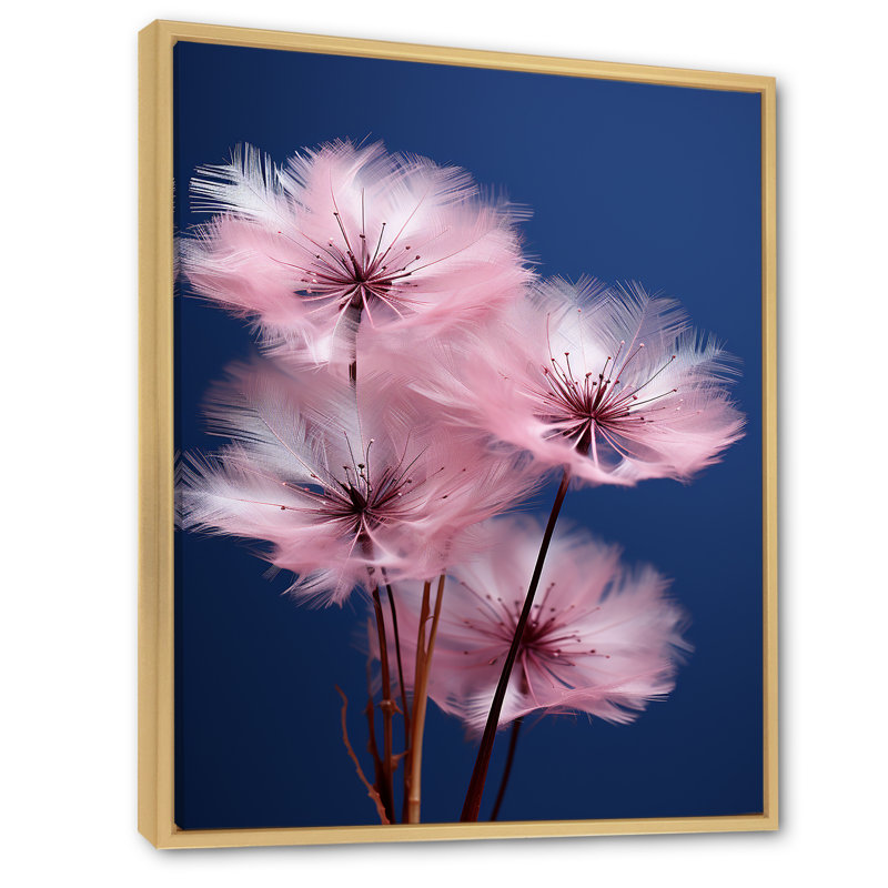«Delicate Pink Dandelian Flowers On Blue Sky», reproduction sur toile, H 32 po x l 16 po x P 1 po, Cadre naturel flottant