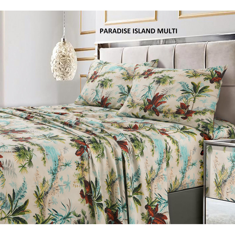 Tribeca Living Printed 300 Thread Count Sheets 100% Cotton Floral Sheet Set, Queen Sheet Set + Fitted Sheet + 2 Pillowcases