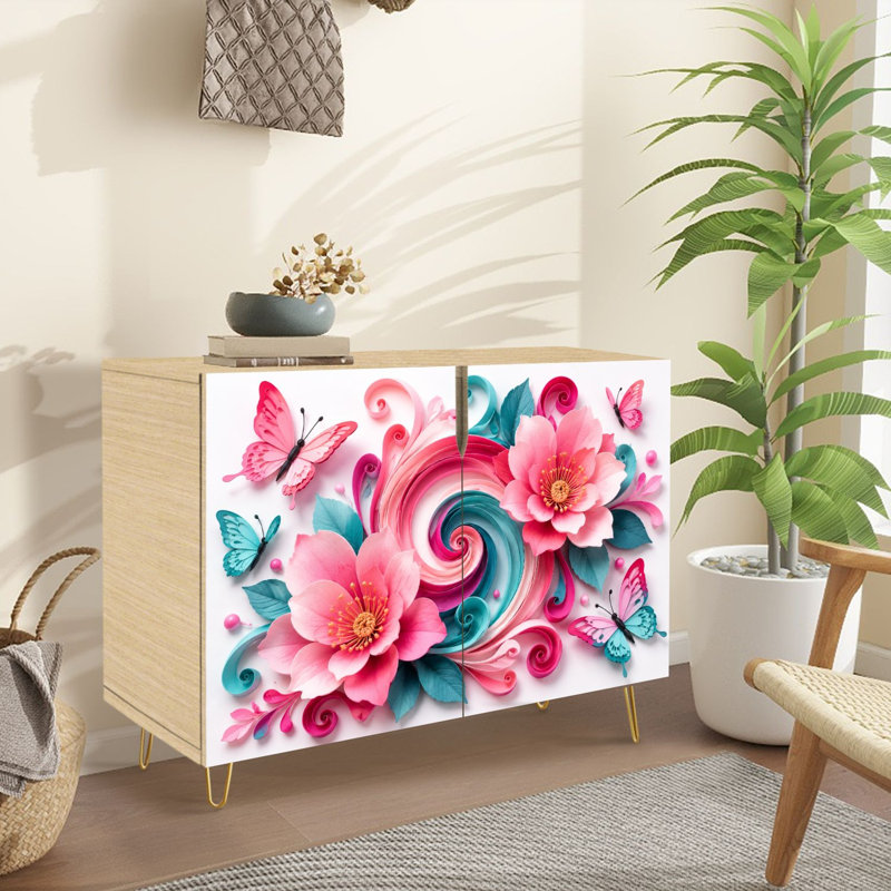 Buffet avec rangement et tourbillon floral avec fleurs de cerisier roses et papillons colorés avec 2 portes pour le salon et la cuisine