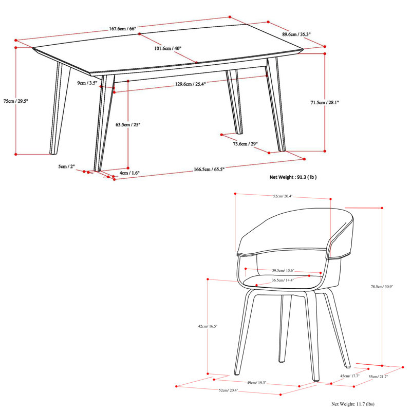 Ensemble de salle à manger 7 pièces Lowell / Draper Mid-Century avec table en bois massif et 6 chaises rembourrées