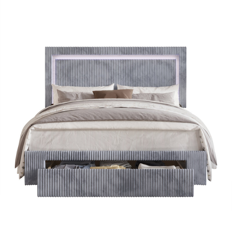 Lit plateforme tapissier avec rangement Gouker, Gris, Grand