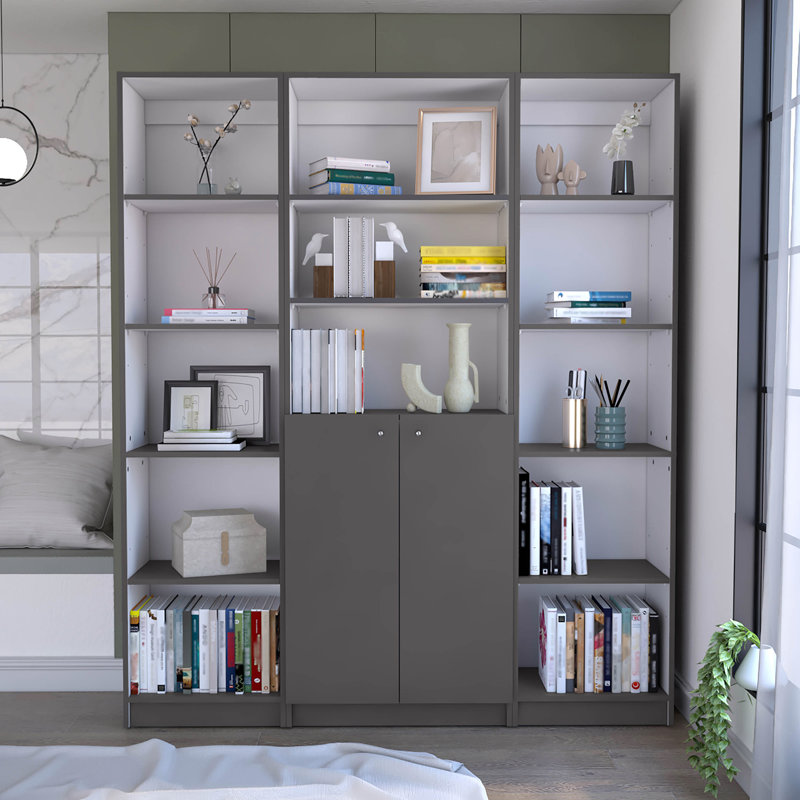 June 3 Piece Bookcase set, 60" Wide with 2-door Cabinet ,  Living Room Set, Gray, (8 Shelves) 11.7"H x 71.1"W x 60.1"D