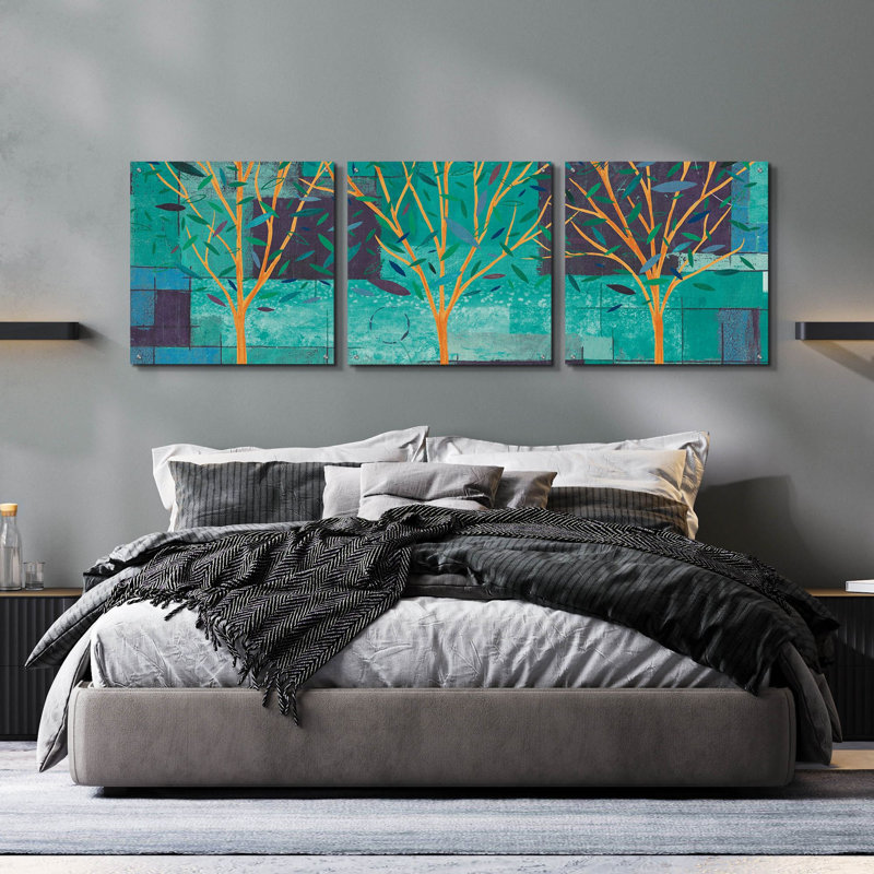 «Watercolor Forest III Peacock» par Veronique Charron, ensemble d'art mural en verre acrylique, 3 pièces, H 24 po x l 72 po