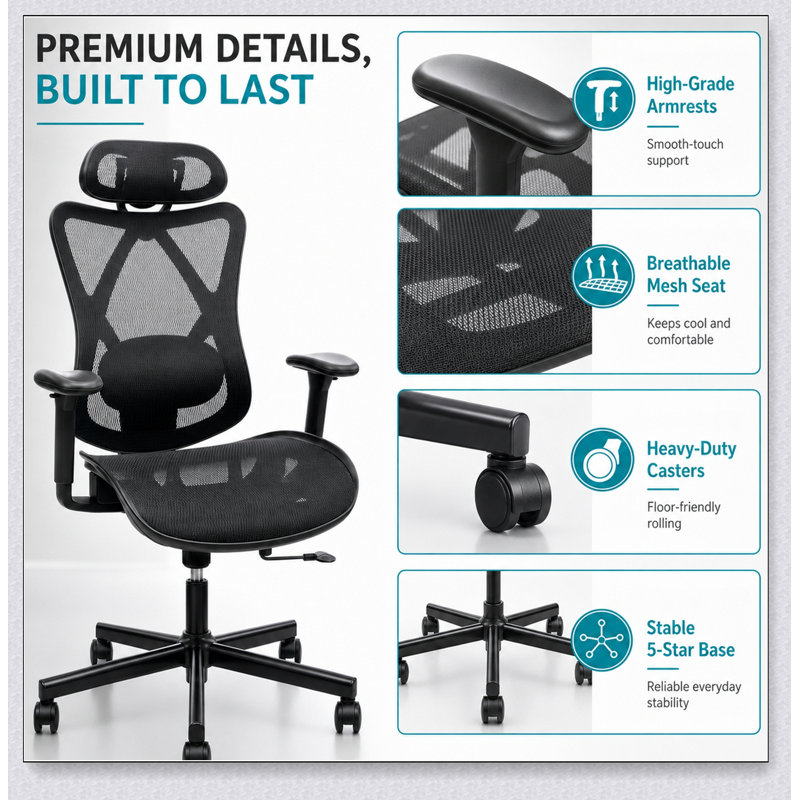 Chaise de bureau ergonomique en maille à dossier haut avec soutien lombaire réglable, appui-tête et accoudoirs pour un confort d'assise optimal.