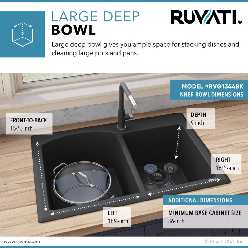 Ruvati 33 x 22 inch epiGranite Drop-in Topmount Granite Composite Quartz Double Bowl Kitchen Sink - Midnight Black -