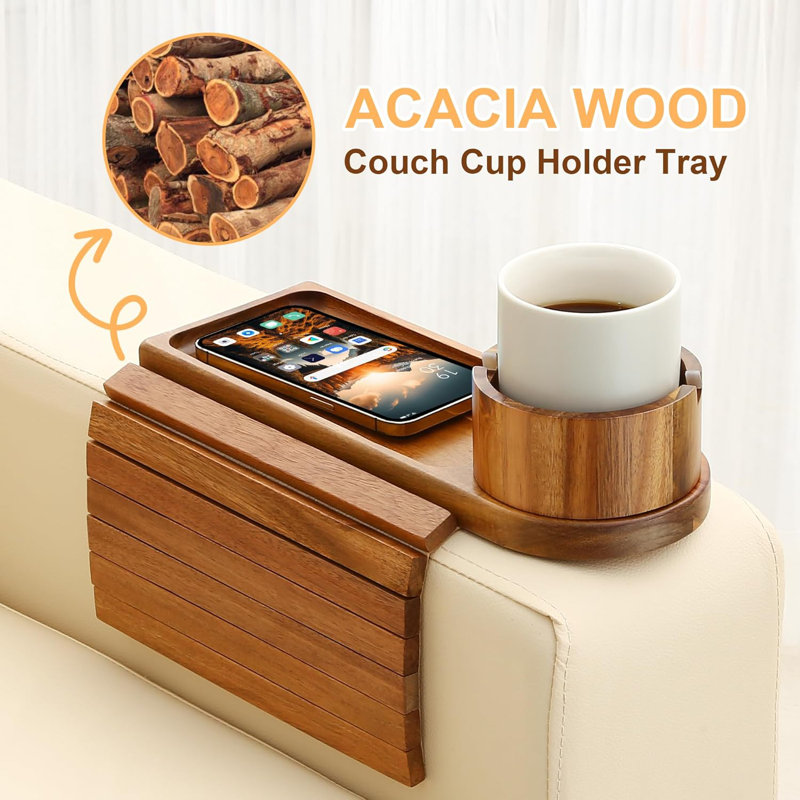 Acacia Wood Couch Arm Tray with 360° Rotating Cup Holder