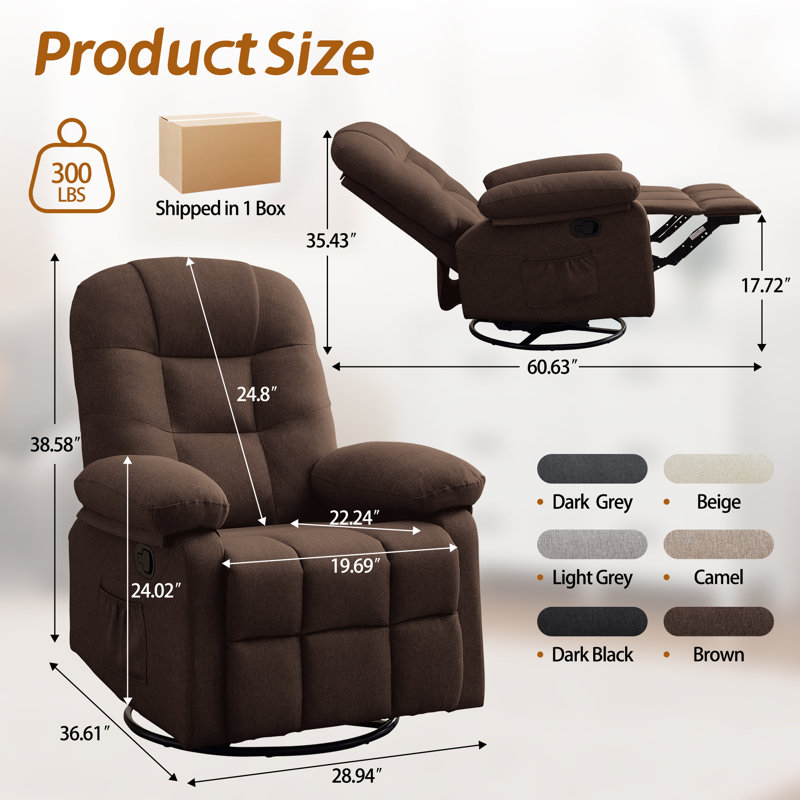 KORSER Recliner Chair, Small Recliner For Small Space, 360 ° Swivel Rocker Recliner For Living Room, Manual Recliner With Side Pockets