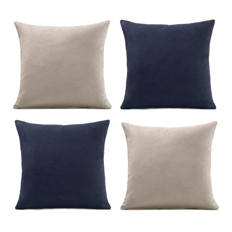 Nalaiyah Velvet Chenille Cushion Covers with Filler Pads, Taupe/Navy