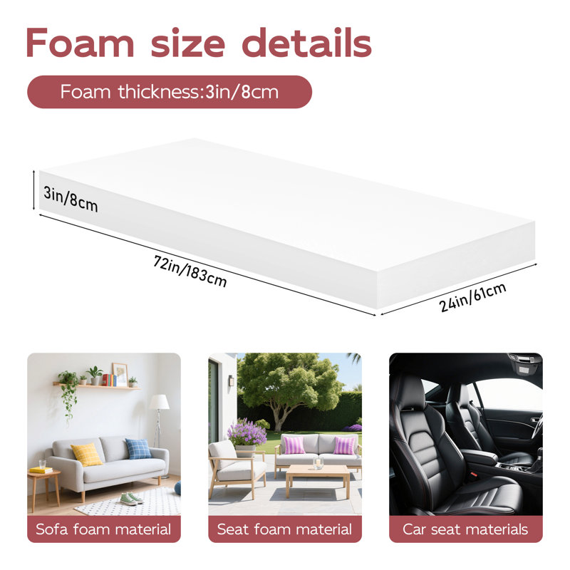 72"*24"*3"High Density Upholstery Foam for Chair Couch Cushion Replacement Foam Pad Seat Repair Topper for Patio Furniture Outdoor Cushion