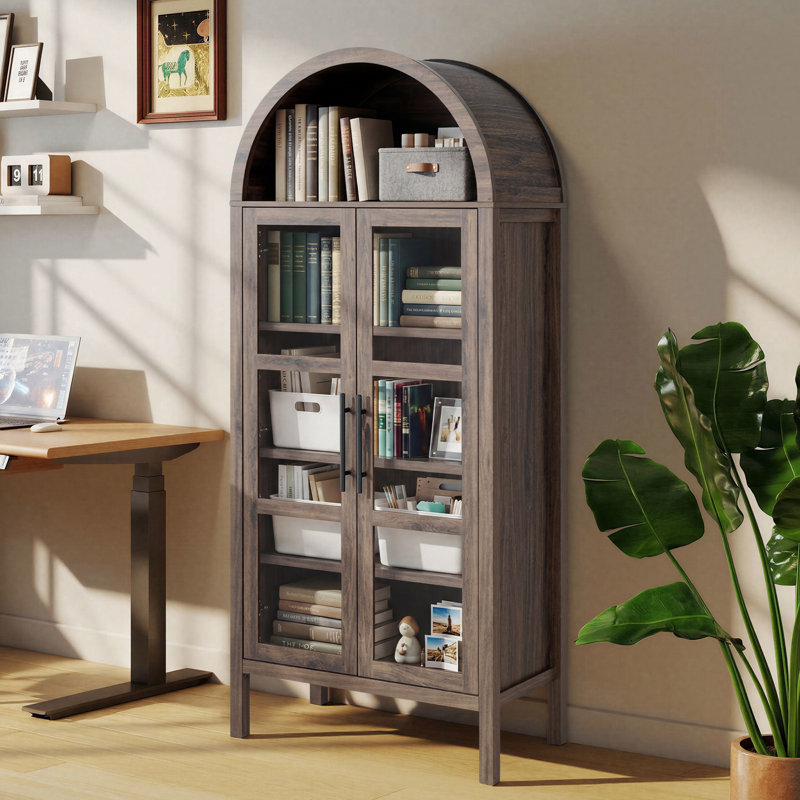 72" H x 31" W Farmhouse Arched Bookcase Wood Storage Display Cabinet With Glass Door & Adjustable Shelves, Brown