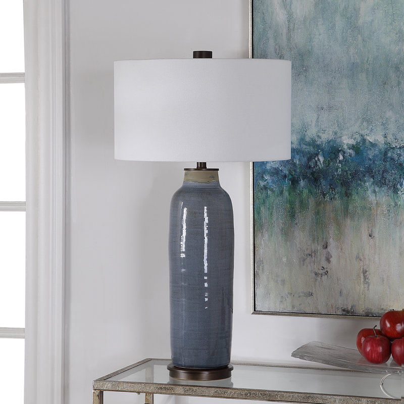 Slate Blue Glaze Ceramic Table Lamp with White Drum Shade