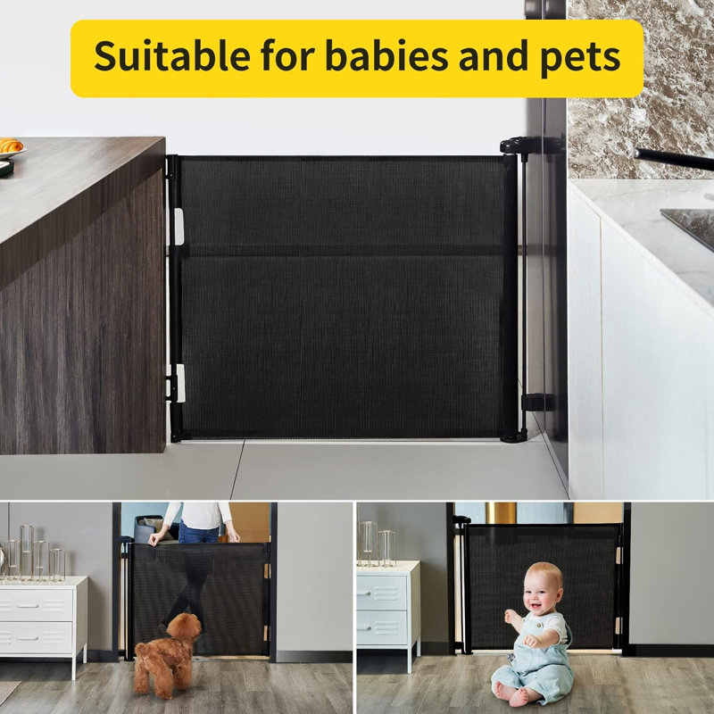 Barrière de sécurité rétractable pour animaux en maille pour escaliers, H 33 po x l 55 po x P 2,7 po, Noir