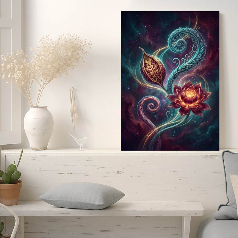 Toile brillante, fleur fantaisiste et feuilles tourbillonnantes dans la galaxie, 24"H x 18"W