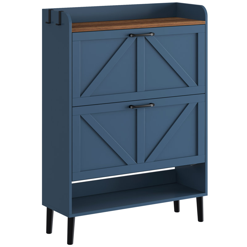 24 Pair Shoe Storage Cabinet,Free Standing Tipping Bucket Shoe Rack Organizer with 2 Flip Drawers, Navy Blue/Brown