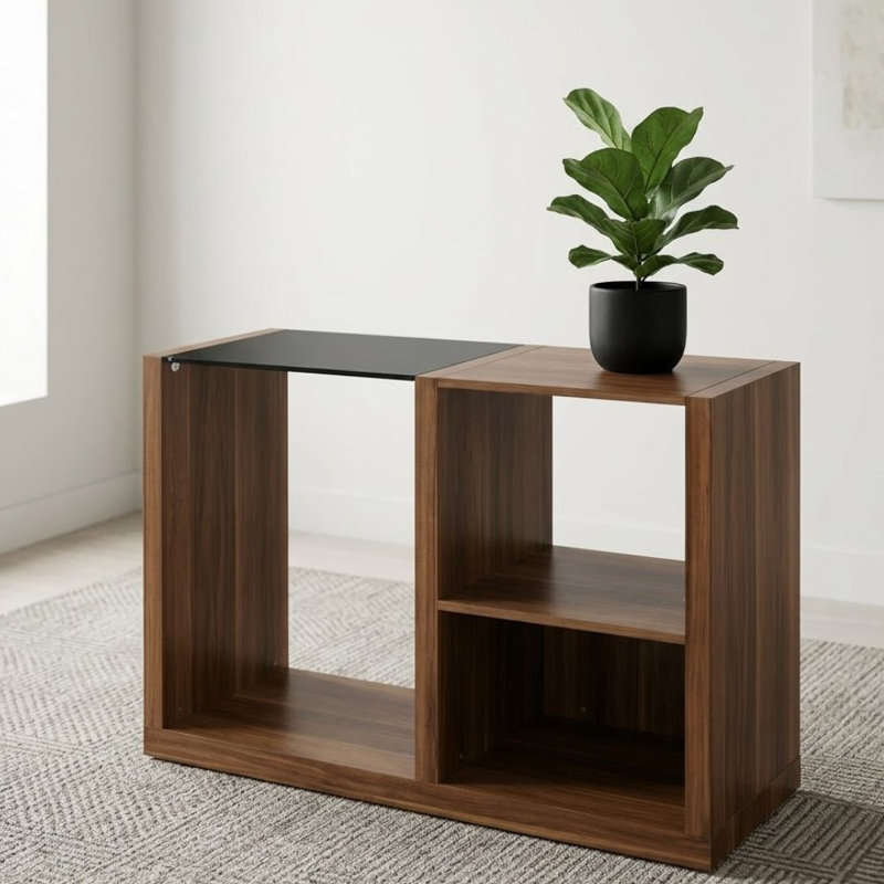 Bailey Console rectangulaire en bois de noyer foncé et noir avec insert en verre
