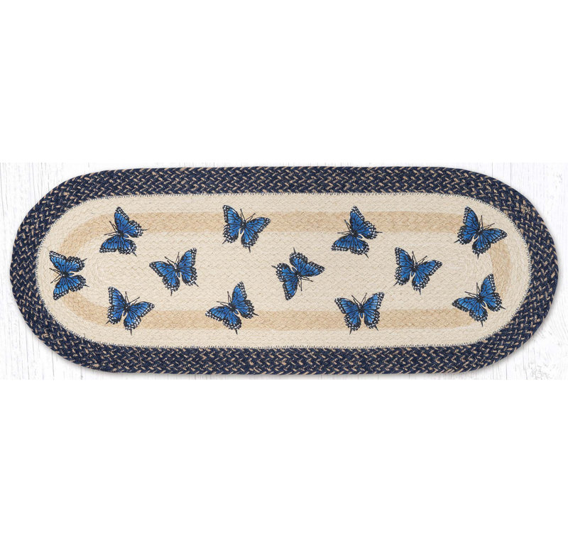 Earth Rugs Blue Swallowtail Oval Table Runner 36" H Braided Jute Hand-Stenciled Runner For Indoor Decor, Blue Swallowtail