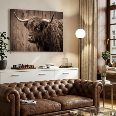 Sepia Tone Highland Cow Portrait on Wood Canvas Art, Wrapped Canvas, Ready to Hang