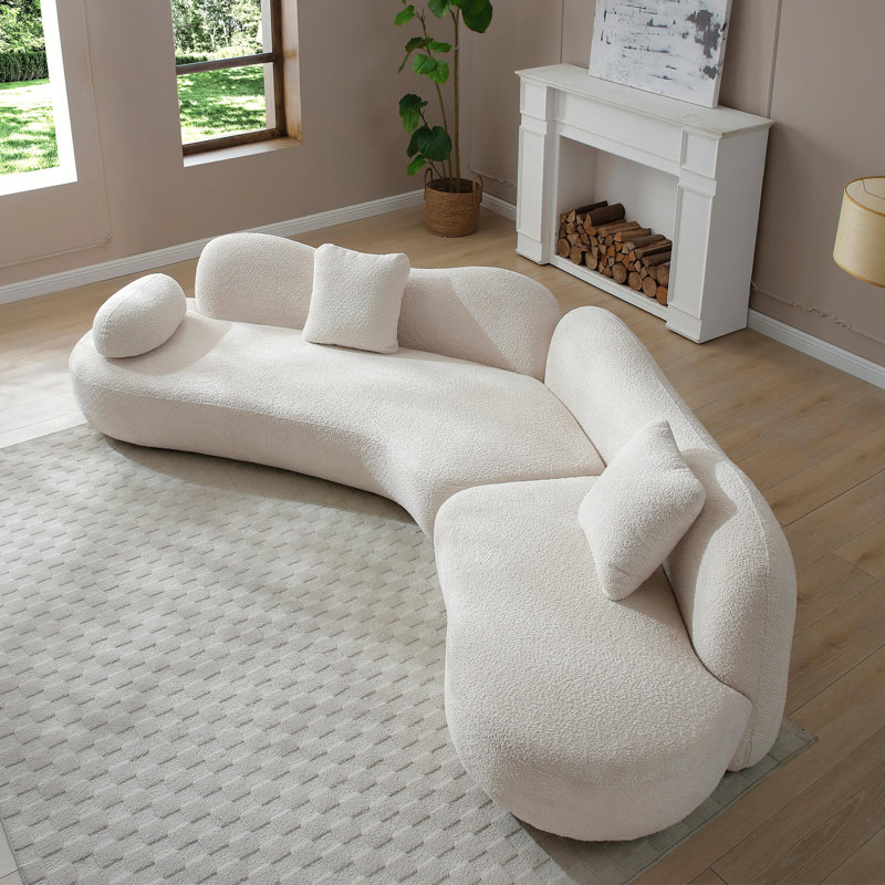 Canapé modulaire courbé minimaliste de 128 po à 5 places avec oreilles de papillon et dossier modulaire blanc, Blanc