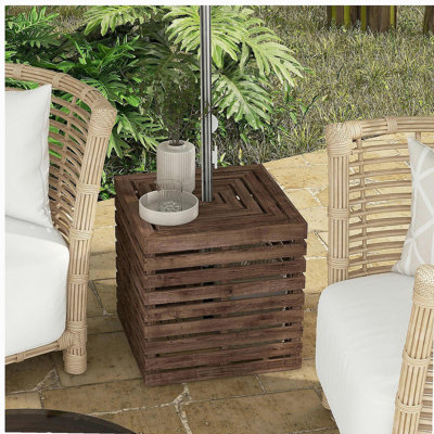 Outsunny 2-in-1 Outdoor Storage Box for Umbrella Base, Coffee End Table, Wooden Patio Umbrella Stand Table with Umbrella Hole, Brown