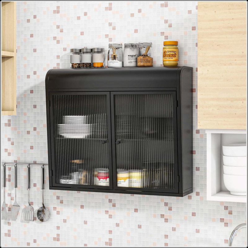 Armoire de rangement murale polyvalente à 2 portes en métal pour différentes pièces avec portes et tablettes en verre trempé