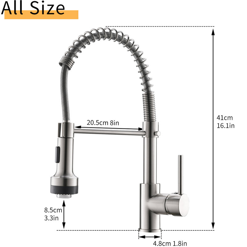 Robinet d'évier de cuisine avec douchette rétractable, nickel brossé, poignée simple, rotatif pour éviers de salle de bain à DEL rétractable, arche haute