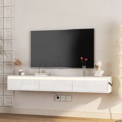 Meuble télé mural flottant avec lumières à DEL et prise de courant, armoire blanche ultrabrillante pour salon de 60 à 69 pouces, tablettes ouvertes, rangement tactile, solution de gestion des câbles,