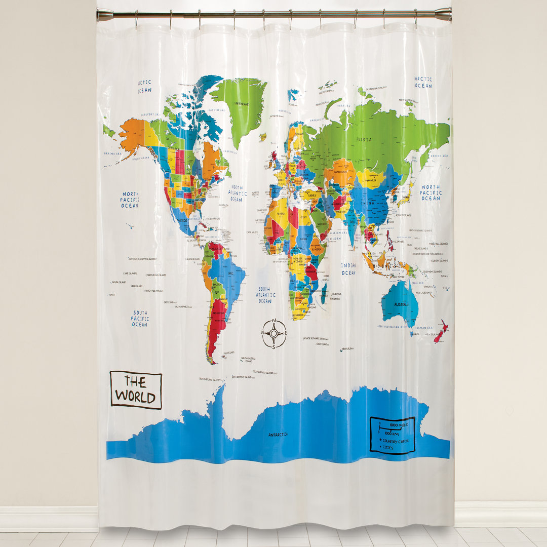 World Map Vinyl Shower Curtain Trinx