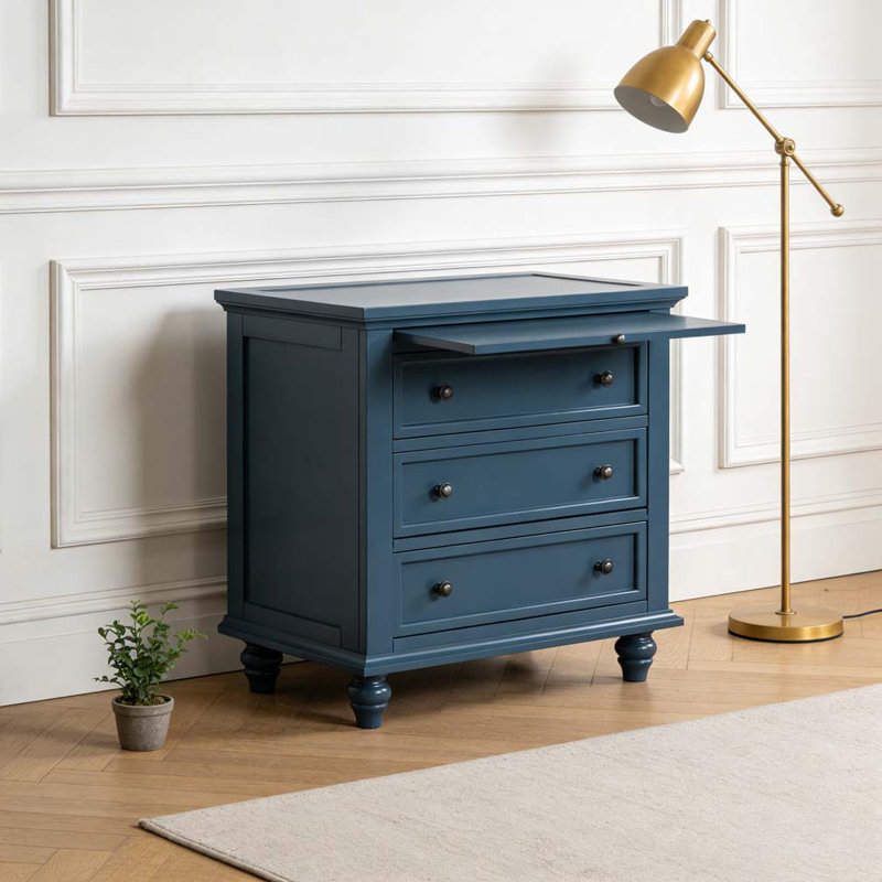 3-Drawer Storage Wood Cabinet, End Table with Pull out Tray, Blue