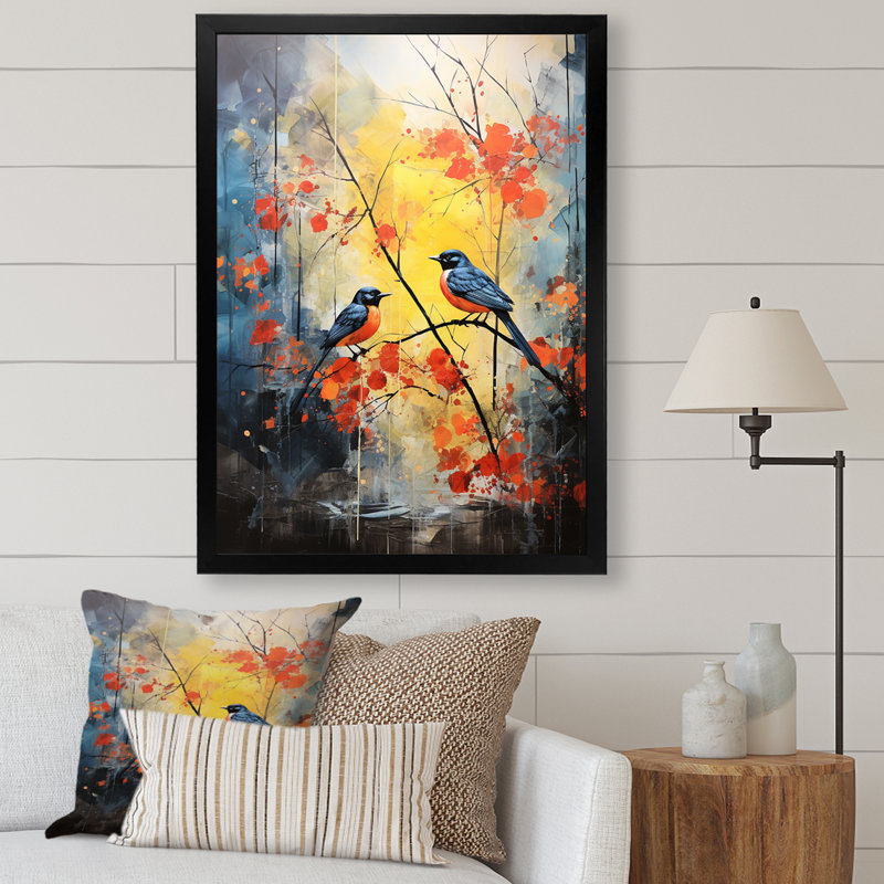 Forêt bleue et jaune avec oiseau bleu - art mural oiseau, H 32 po x l 16 po x P 1 po, Cadre simple noir