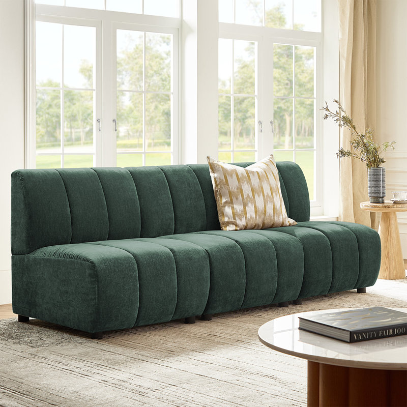 Shalon 84" Modern Modular Chenille 3-Piece Channel Tufted Sofa, Green