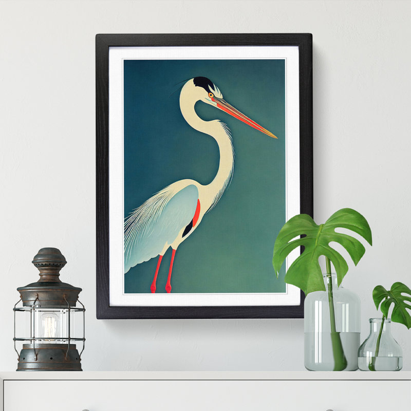 Higginsport Heron Painting Mid Century - Picture Frame Print, Black, 46cm H x 34cm W
