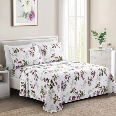 Marina Decoration Home Decor Bedding Bedroom Bedsheet Soft Silky Deep Pocket Rayon from Bamboo All Season 6 Pieces Printed Sheet Set with 4 Pillowcases, Pink Light Floral Pattern Double/Full Size