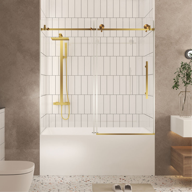 Frameless Shower Door 56-60 "W X 60" H, 1/4 "(6 Mm) Clear Tempered Glass, Explosion Proof Film, Stainless Steel Handle