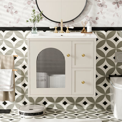 24" Bathroom Vanity Set Wall Mounted For Small Space, Bathroom Cabinet With Ceramic Sink, 2 Drawers And 1 Soft-Close Door
