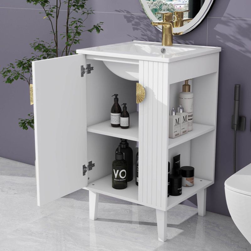 Meuble-lavabo de 20 po avec lavabo, petit ensemble de meuble-lavabo simple autoportant, lavabo en céramique, porte à fermeture en douceur, poignées en demi-lune élégantes, pour les salles de bain compactes