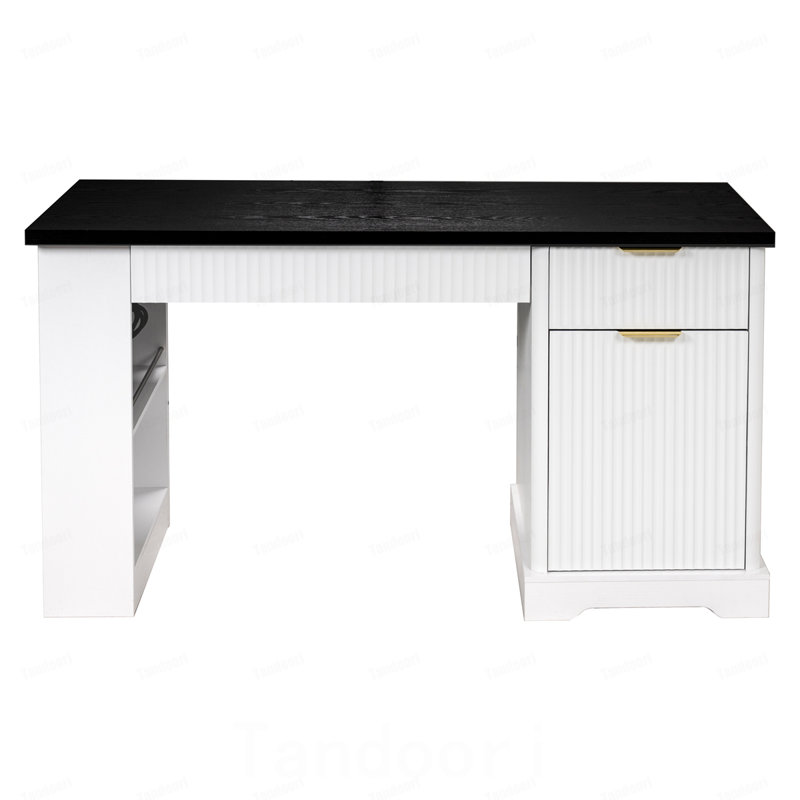 Bureau cannelé moderne de 55 po avec armoire de rangement et tiroirs, bureau d'écriture pour ordinateur avec prise de courant, panneau perforé, tablettes intégrées et plateau à clavier pour bureau, salon, bureau à domicile